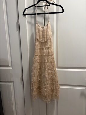 Bless Handmade - Ivory Fringe Mini Dress - Halter Backless Dress - NWT Size M
